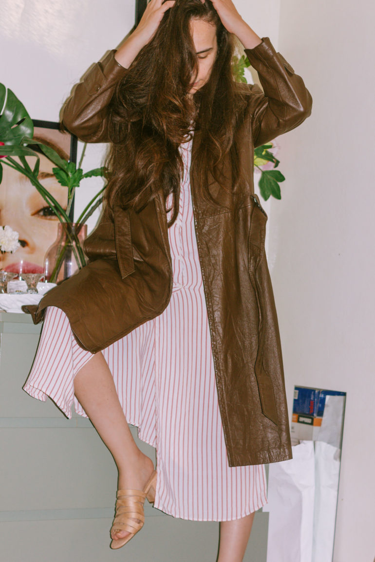 brown leather coat outfit